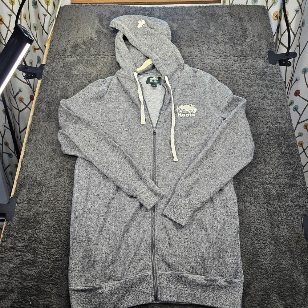 Roots Full Zip Hoodie Mens Medium Gray Salt Pepper Beaver Logo Longline Hooded